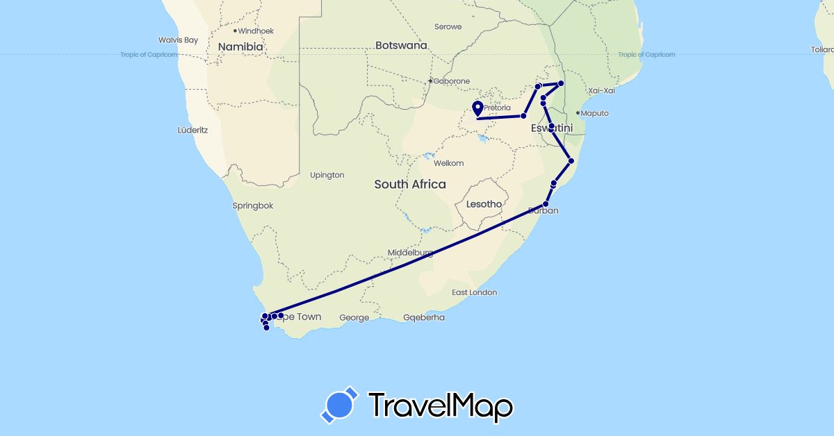 TravelMap itinerary: driving in Swaziland, South Africa (Africa)